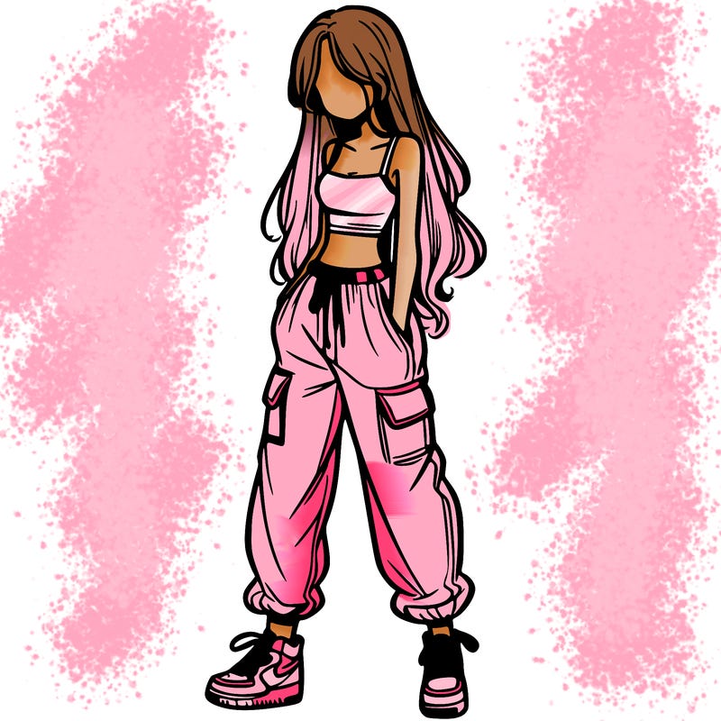 girl in baggy pants crop top and long hair