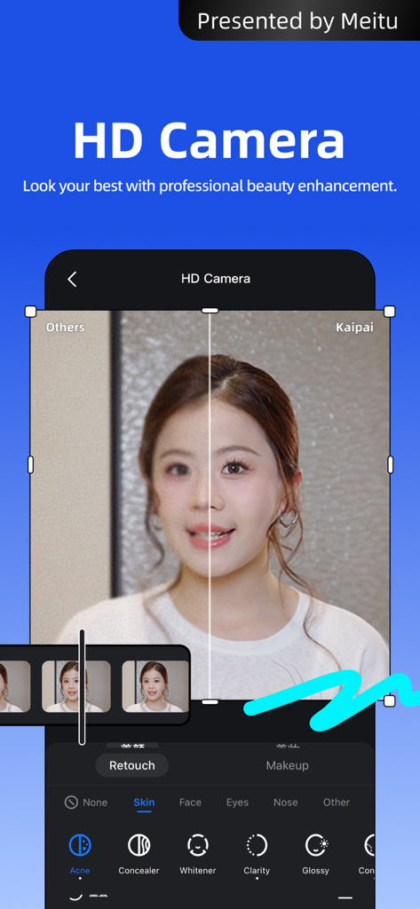 Before and after comparison of professional beauty filters on a woman in the Kaipai HD camera interface
