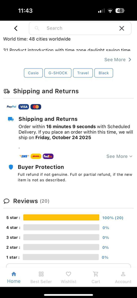 Discovery Japan Mall - Discovery Japan Mall app interface showing shipping information buyer protection details and 5-star customer reviews
