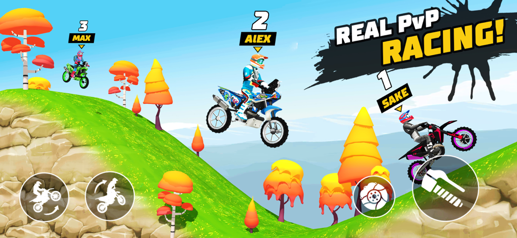 Jogabilidade competitiva de corrida de moto PvP em Bike 3XM com três jogadores em uma colina