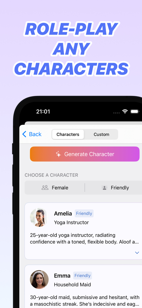 Uncensored AI - InkPal - InkPal app interface for selecting and generating characters for AI roleplay