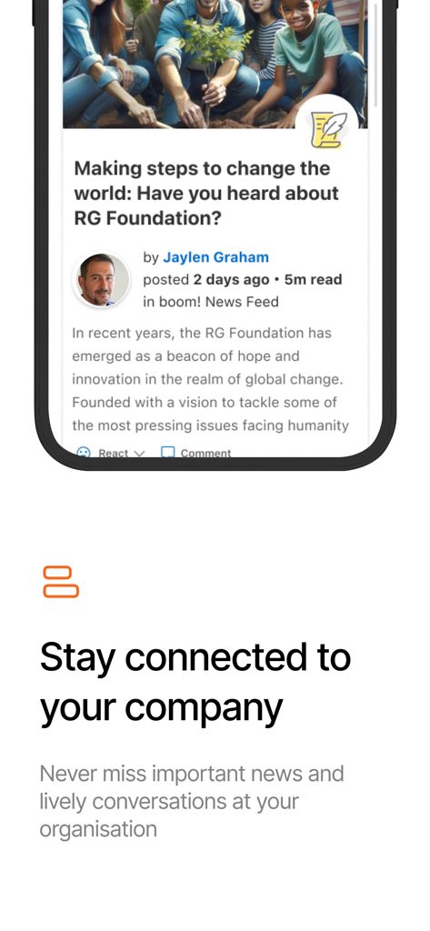 Connect+ - Connect plus mobile app displaying a corporate news feed with an article about the company foundation