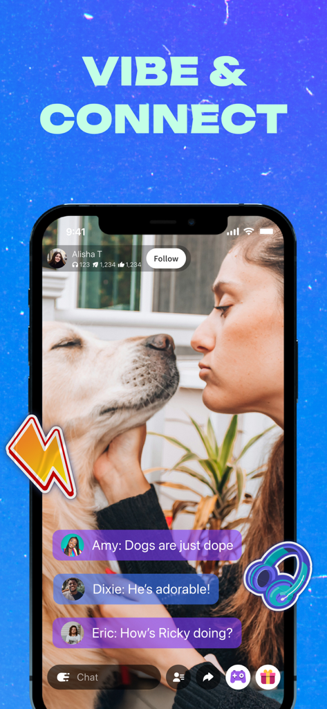 Goodnight: Dating & Voice Chat - A woman live streaming with her dog on the Goodnight dating app interface with interactive chat bubbles
