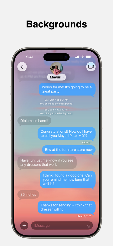 Messages - iPhone screen displaying the Messages app with a custom sunset chat background