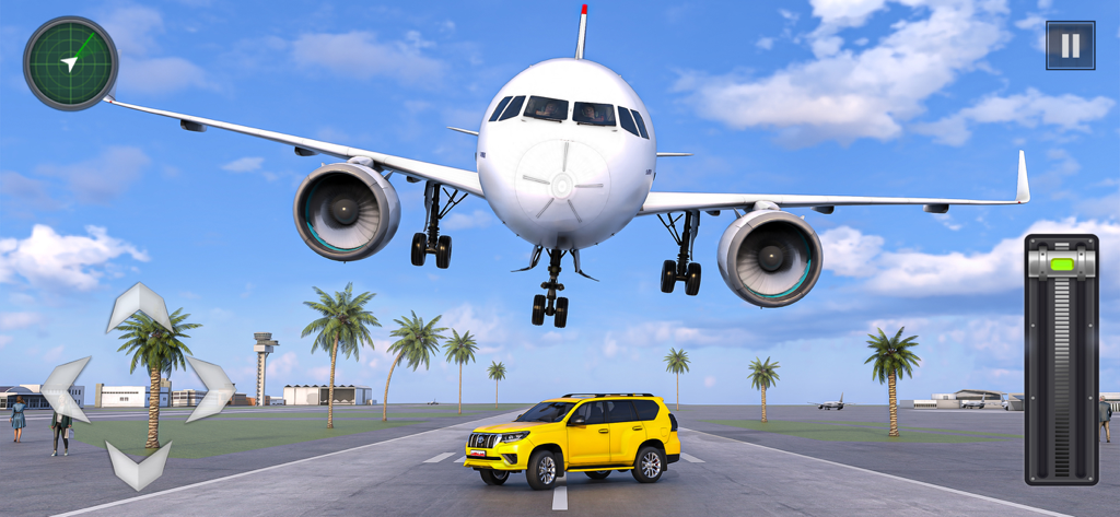 Plane Simulator: Airplane - A realistic white commercial airplane landing on an airport runway over a yellow car in Plane Simulator