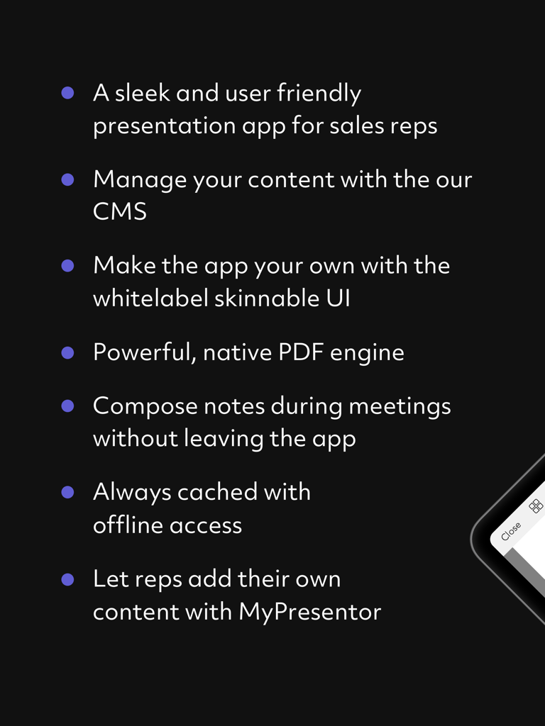 Presentor - A list of key features for the Presentor sales app including offline access and whitelabel options.
