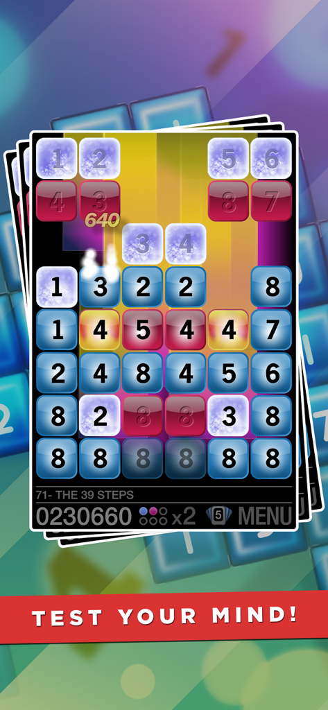 Numba - Numba mobile game interface featuring a grid of colorful numbered tiles with a red banner saying Test Your Mind