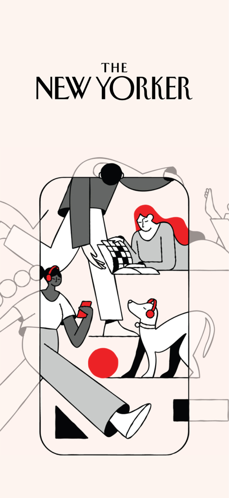 Stylized artistic illustration of people reading and listening to content on The New Yorker app