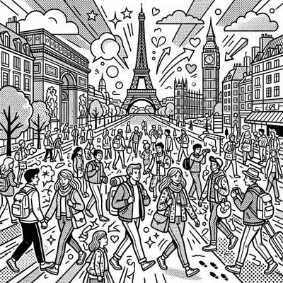 Dive into a lively Pop Art scene featuring a bustling crowd of tourists exploring iconic global landmarks. This energetic design perfectly captures the excitement of international travel, offering a unique canvas for your creative coloring.