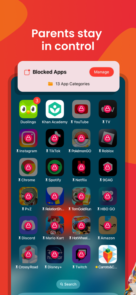 Tela de um telefone celular exibindo uma grade de aplicativos de entretenimento e mídia social bloqueados sob gerenciamento de controle parental