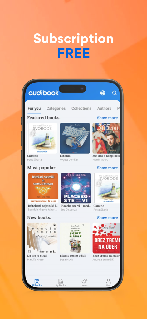 Audibook - Audibook mobile app interface showing featured books and a subscription free banner