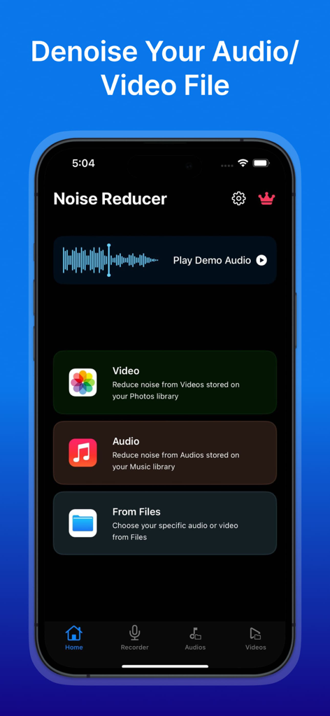 Main interface of the Audio Noise Reducer app showing options to denoise video and audio files