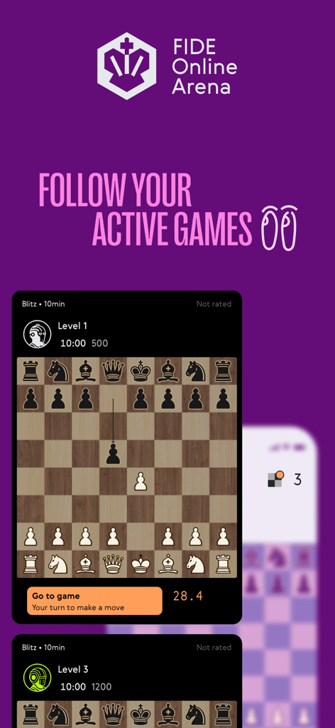 Interface of World Chess app showing active game monitoring and FIDE Online Arena branding