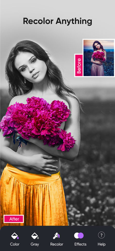 A woman holding pink flowers with a yellow skirt selectively colored against a black and white background in a photo editing app