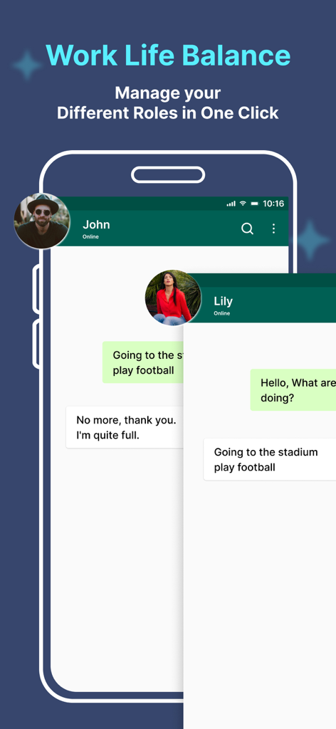 Interface de l'application Multiple Accounts montrant deux fenêtres de chat superposées pour la gestion de doubles profils