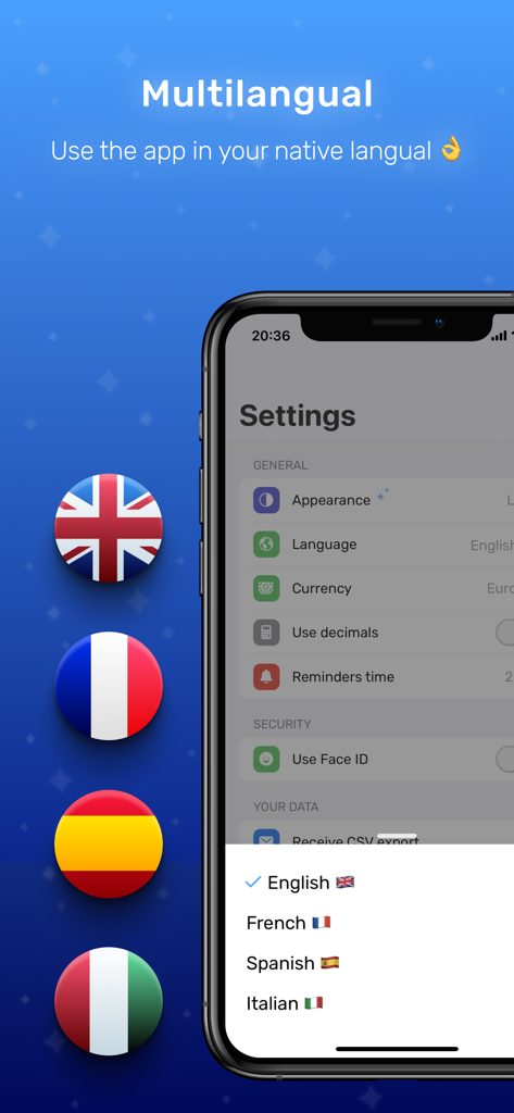 Interface of the Budg app displaying language settings with options for English French Spanish and Italian next to country flags.