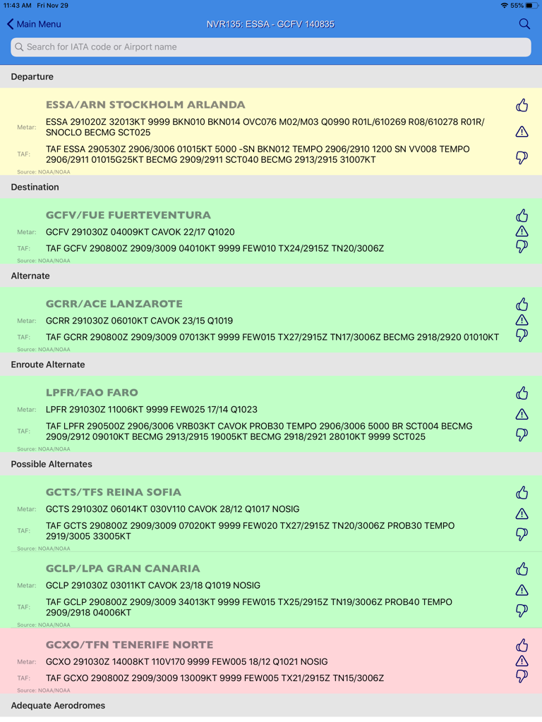 Flight Briefing - Painel digital de briefing de voo mostrando relatórios meteorológicos METAR e TAF para vários aeroportos de partida e destino