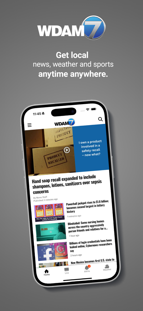 WDAM Local News - WDAM 7 local news app interface on an iPhone displaying the latest headlines for the Pine Belt region