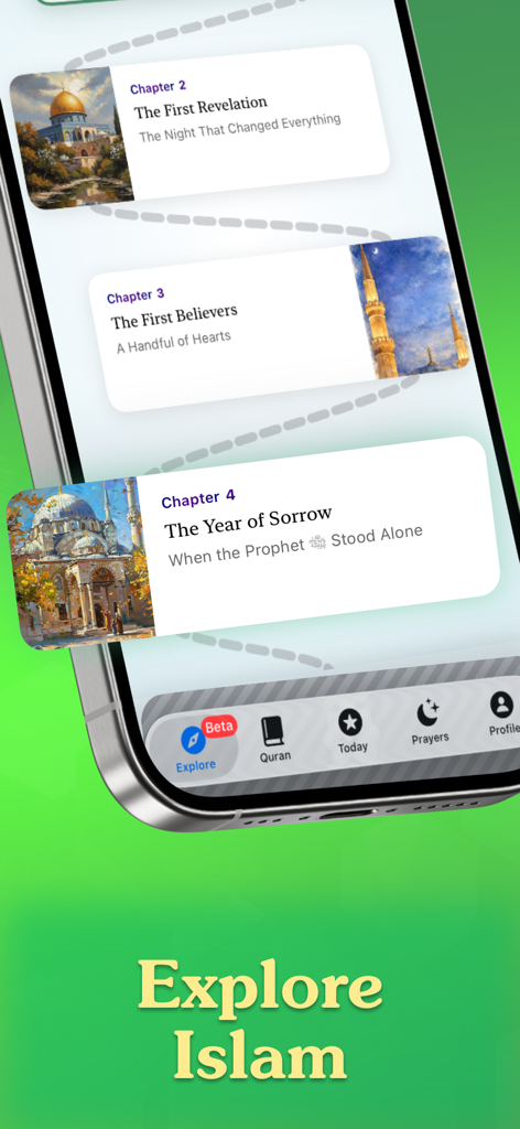 Iman Path app screen showing a gamified learning path with chapters on Islamic history and theology