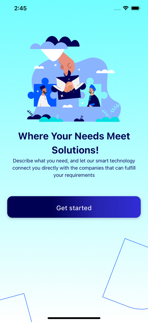 Quotation | كوتيشن - Welcome screen of the Quotation app with an illustration showing a handshake and the text Where Your Needs Meet Solutions