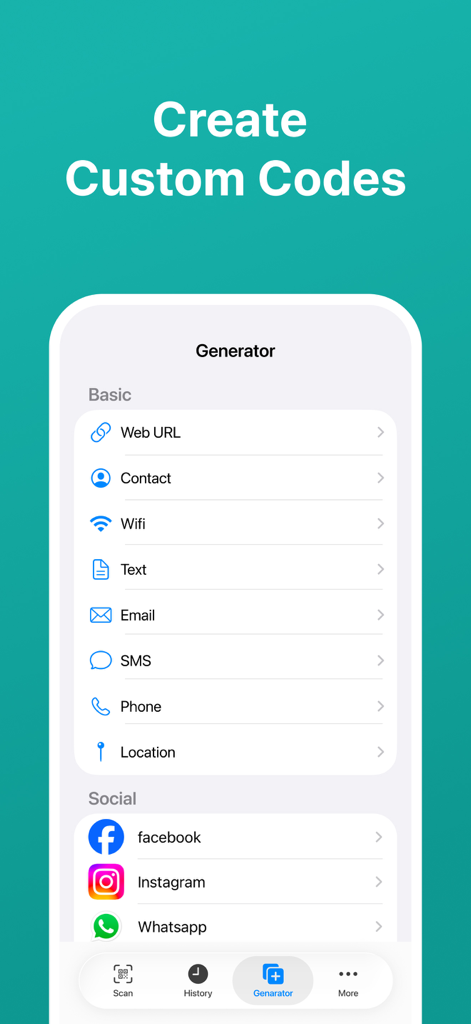 QR Code Scanner · Barcode - Interface for creating custom QR codes for websites, contacts, and social media.