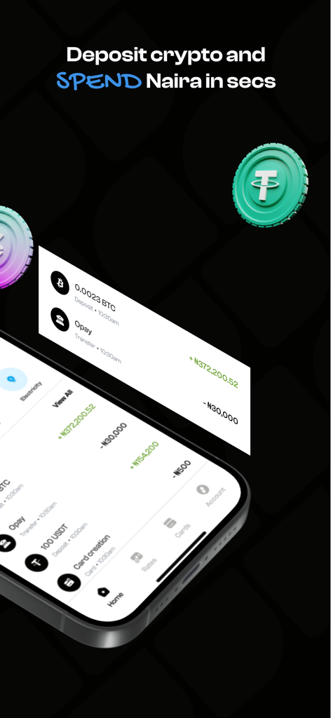 Spenda - Spenda app interface showing crypto deposits being converted to Naira for instant spending.