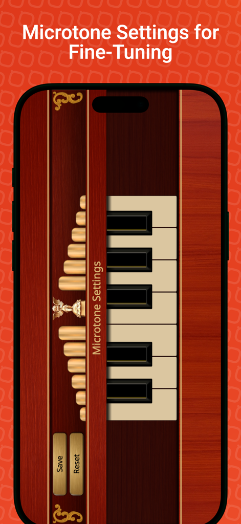 Street Organ - Street Organ app interface showing microtone settings for fine-tuning melodies on a virtual vintage instrument.
