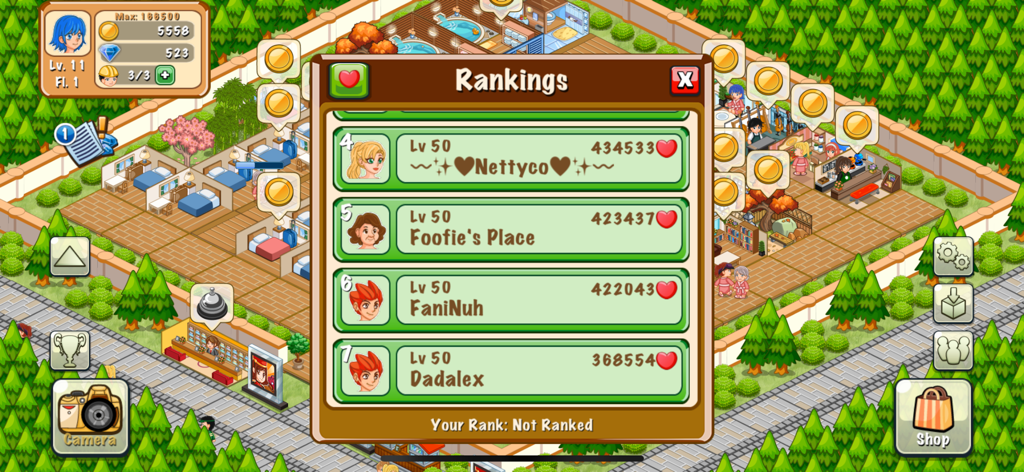 Tabla de clasificación global de jugadores en el juego Hotel Story Resort Simulation