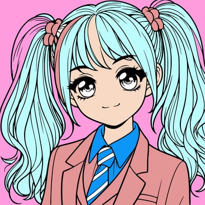 realistic girl with two ponytails and a suit on