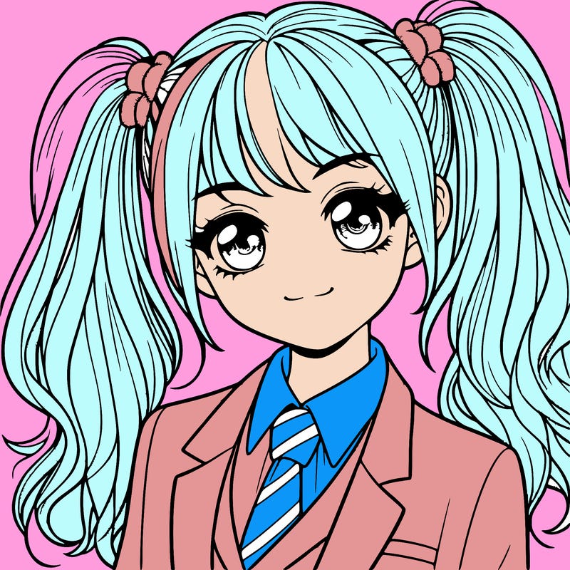 realistic girl with two ponytails and a suit on