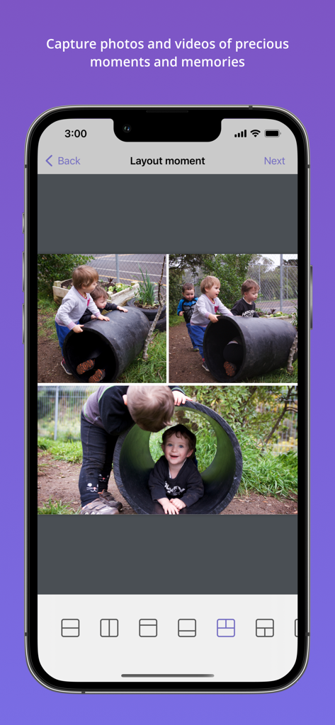 Storypark for Families app interface showing a photo collage of children playing in a playground tunnel