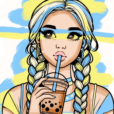 realistic girl with braided hair drinking boba