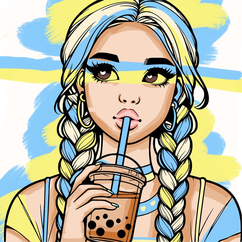 realistic girl with braided hair drinking boba