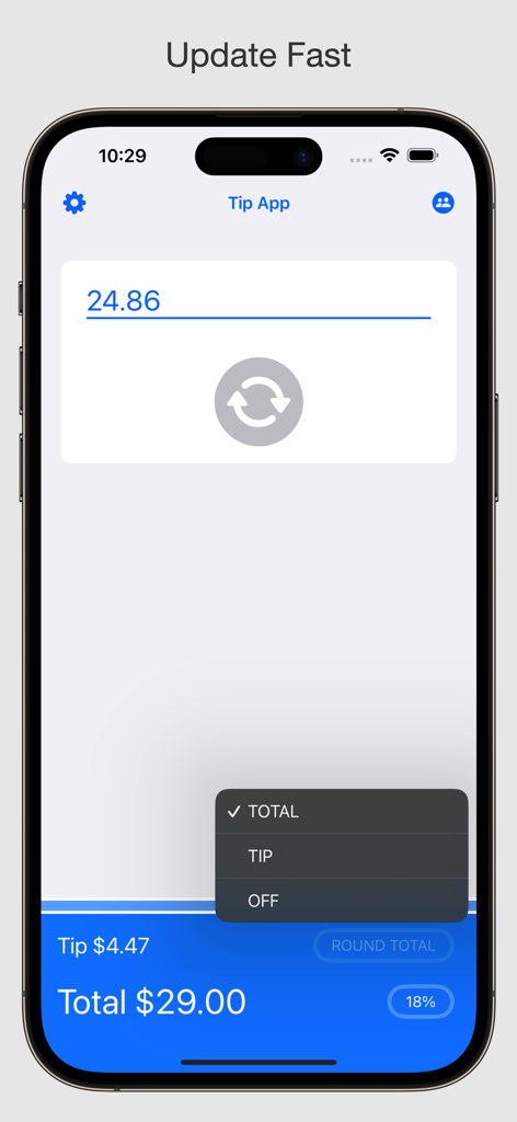 Interface de la Calculatrice de pourboires montrant un total arrondi de 29 dollars avec un calcul de pourboire de 18 %