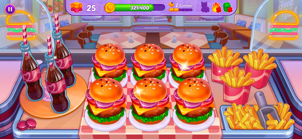 Cooking Crush Cooking Games - In game view of Cooking Crush featuring burgers french fries and sodas in a restaurant kitchen