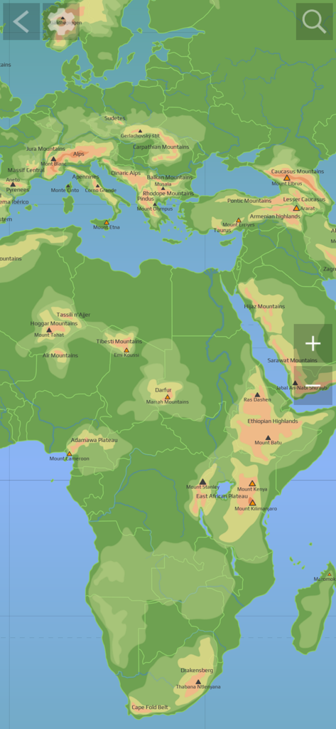 Carte topographique montrant les chaînes de montagnes et les sommets en Afrique et en Europe
