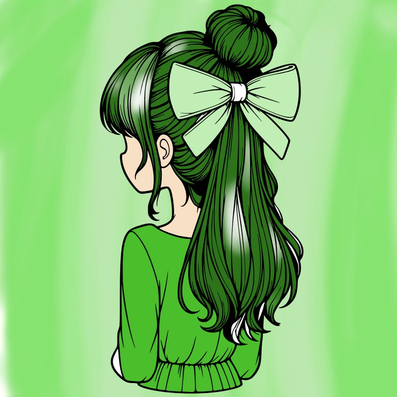 realistic girl  with hip length hair a bun and a big bow on the back of head