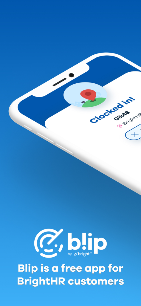 Mobile phone screen showing the Blip app with a successful clock in notification