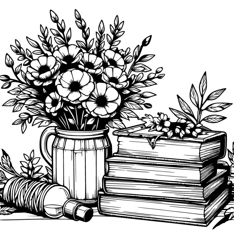 rustic books and beautiful flowers realistic