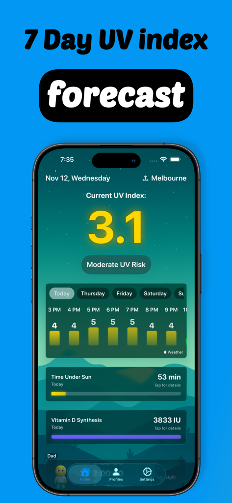 Interface do aplicativo UVBuddy mostrando rastreamento do índice UV em tempo real e uma previsão de 7 dias com dados de síntese de Vitamina D