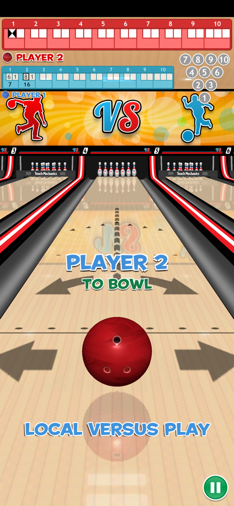 Modo de juego local contra otros jugadores en Strike! Ten Pin Bowling con una bola de bolos roja en la pista