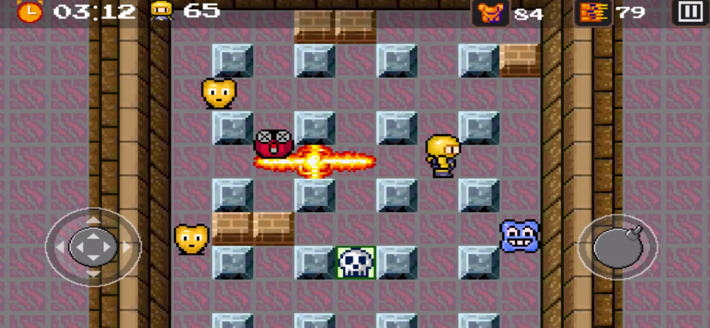 Bombsquad: Bomber Battle - Juego de arte de píxeles de Bombsquad Bomber Battle que muestra un personaje amarillo y explosiones de bombas en un nivel de laberinto clásico
