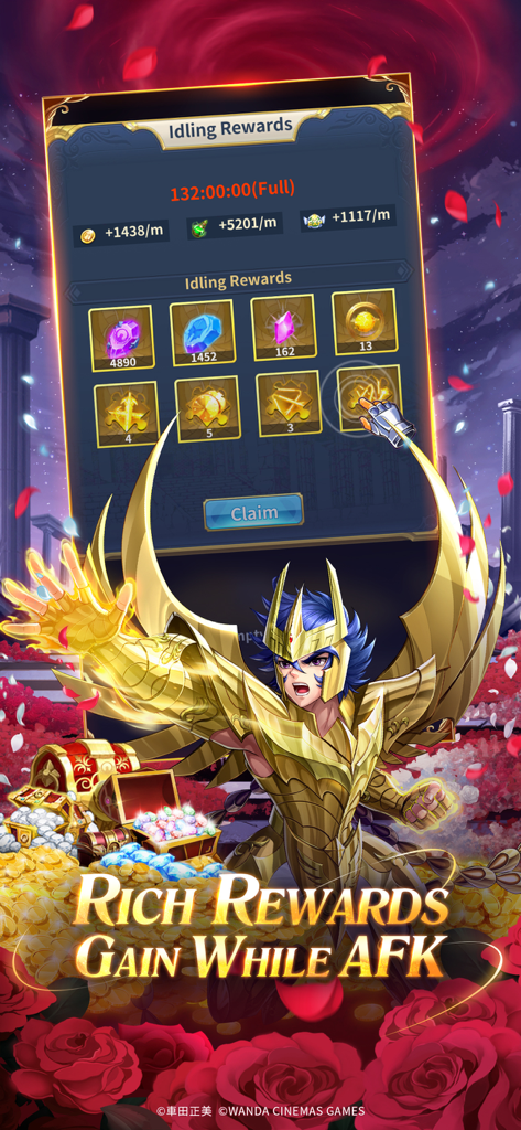 Saint Seiya: Legend of Justice - Saint Seiya Legend of Justice game screen showing idling rewards with a Gold Knight character and treasure chests