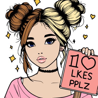 realistic girl with space buns and a sign that says 10 likes plz