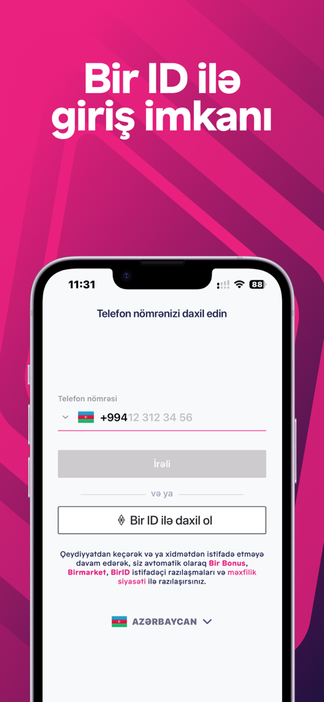Birmarket: Online Shopping App - Birmarket app login screen showing phone number entry and Bir ID authentication options