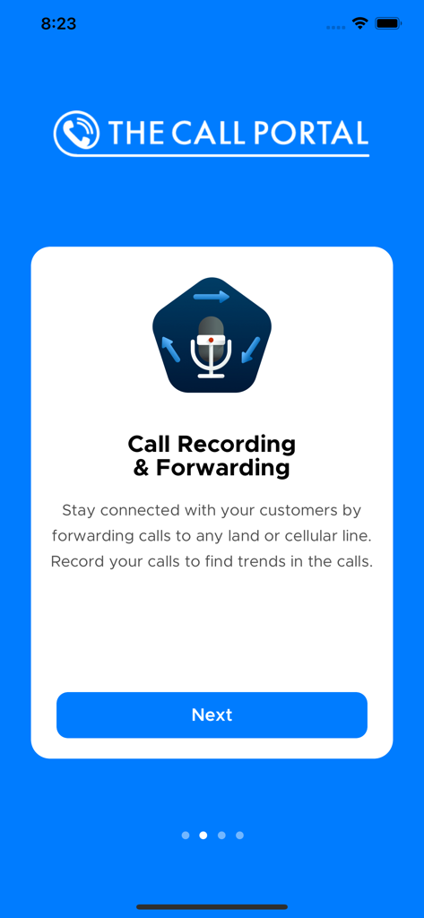 The Call Portal & Phone Number - 통화 녹음 및 전달 기능을 보여주는 통화 포털 앱 인터페이스.