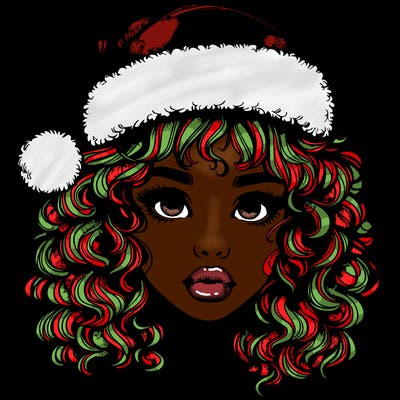 realistic girl with a santa hat curly hair and lips