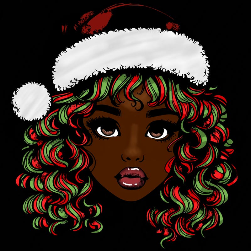 realistic girl with a santa hat curly hair and lips
