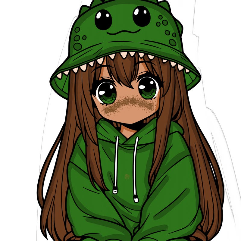 girl with anime shaped eyes with a dinosaur bucket hat oversized sweatshirt long straight hair
