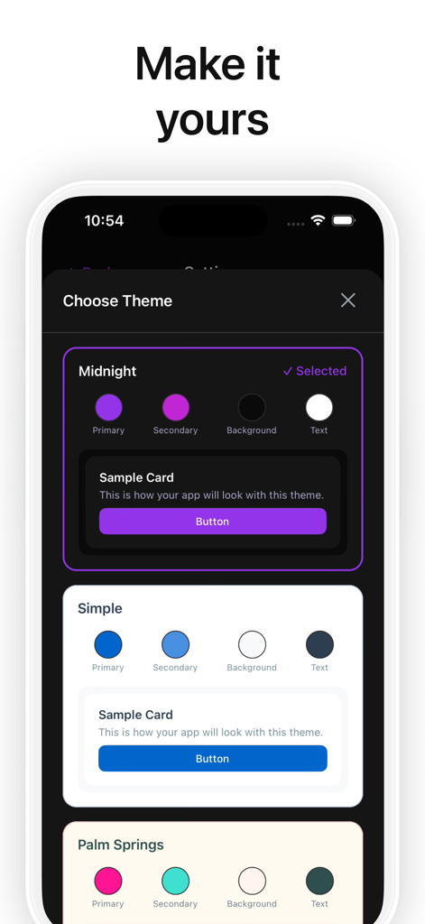 Hudson Relationship Assistant - Theme selection screen in the Hudson Relationship Assistant app showing Midnight Simple and Palm Springs options